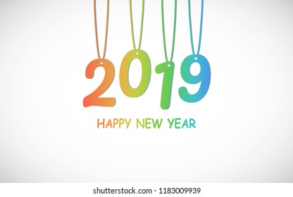 Happy new year 2019 in hanging colorful paper on white color background