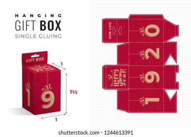 Happy New Year 2019 Hanging Gift Box Die Cut One and Half Height Template - Blueprint Layout with Cutting and Scoring Lines over Gold Calligraphic Lettering on Red - Vector Packaging Design