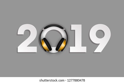 Happy New Year 2019 headphones background decoration. Greeting card headphone design template 2019 headphone confetti flyer. illustration headset of date 2019 year. Celebrate earphones brochure