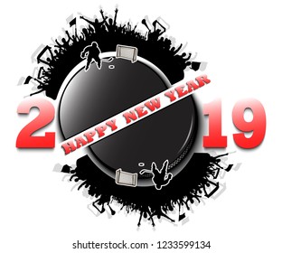 Happy new year 2019 and hockey puck with hockey fans. Creative design pattern for greeting card, banner, poster, flyer, party invitation, calendar. Vector illustration