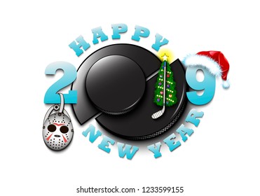 Happy new year 2019 and hockey puck with Christmas tree, hat, stick and hockey mask. Creative design pattern for greeting card, banner, poster, flyer, party invitation, calendar. Vector illustration