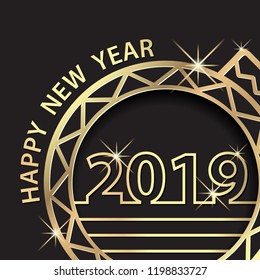 Happy New Year 2019. Holiday Celebration Greeting With Golden Ball Ornament