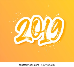 Happy New Year 2019 holiday banner. Hand drawn brush lettering with shadow, isolated on yellow background.