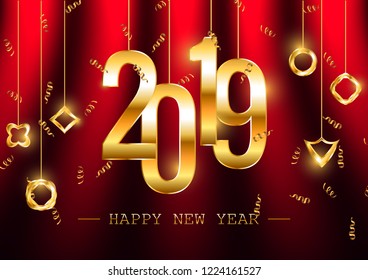Happy New Year 2019 Holiday Vector Illustration. Shiny composition with sparkles. EPS10