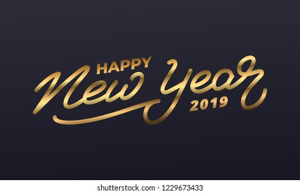 Happy New Year 2019. Holiday illustration of gold lettering. New Year label.