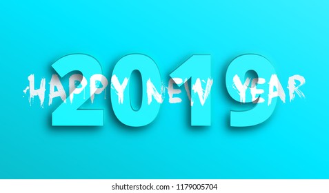 Happy New Year 2019. Horizontal blue holiday greeting banner with 3d and brush lettering.
