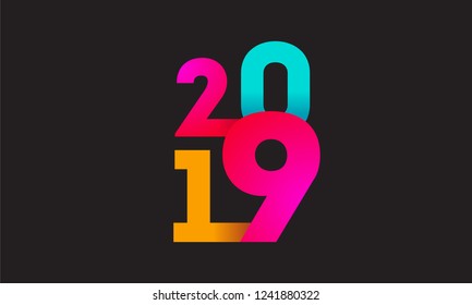 Happy New Year 2019 icon text design with colored 2019 numbers. Cover of business diary for 2019 with wishes. Brochure design template, card, banner. Isolated on dark background. Vector illustration.