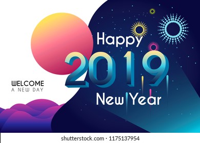 Happy new year 2019 illustration welcome a new day graphical art gradient color of celebration Background design vector.
