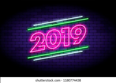 Happy New Year 2019 illustration in colorful trend neon style. Luminous neon number 2019 on the wall. Vector illustration for web or print adverts for new year celebrating.