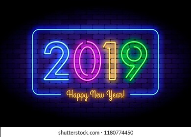 Happy New Year 2019 illustration in colorful trend neon style. Luminous neon number 2019 on the wall. Vector illustration for web or print adverts for new year celebrating.