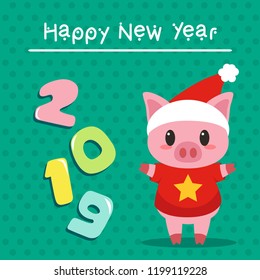 Happy new year 2019 illustration with cute animal character. New year 2019 greeting card illustration