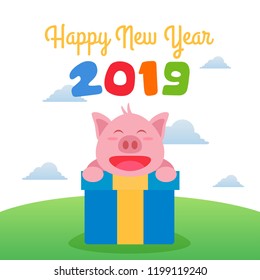 Happy new year 2019 illustration with cute animal character. New year 2019 greeting card illustration