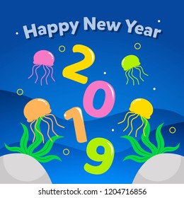 Happy new year 2019 illustration with cute animal character in underwater