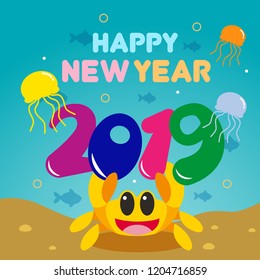 Happy new year 2019 illustration with cute animal character in underwater