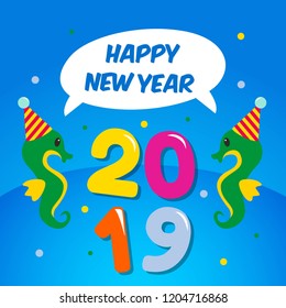 Happy new year 2019 illustration with cute animal character in underwater