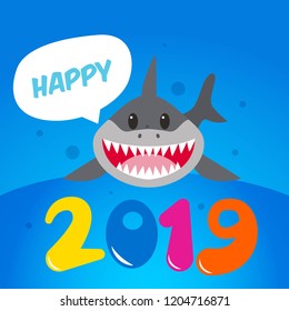 Happy new year 2019 illustration with cute animal character in underwater
