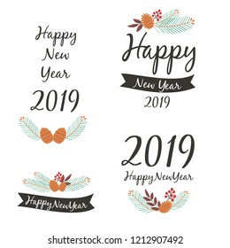 Happy New Year 2019 illustration
set with plant decoration