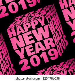 Happy New Year 2019 inside a pink cube  - 3D design background