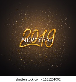 Happy New Year 2019 interlaced lettering, gold text calligraphy, modern design, vector card, banner illustration