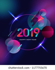Happy New Year 2019 isolated on galactic background, colorful text design, vector elements for calendar, poster and greeting card.