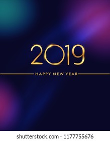 Happy New Year 2019 isolated on galactic background, text design gold colored, vector elements for calendar and greeting card.