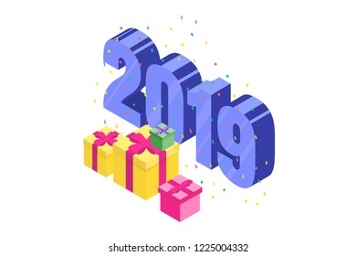 Happy New Year 2019 isometric concept. 3d template for greeting cards, posters, banners.