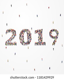 Happy New Year 2019. Large and diverse group of people seen from an aerial perspective, gathered together in the shape of number 2019. Vector illustration