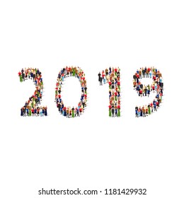 Happy New Year 2019. Large and diverse group of people seen from an aerial perspective, gathered together in the shape of number 2019. Vector illustration