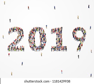 Happy New Year 2019. Large and diverse group of people seen from an aerial perspective, gathered together in the shape of number 2019. Vector illustration