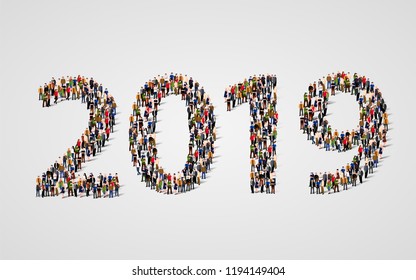 Happy New Year 2019. Large and diverse group of people gathered together in the shape of number 2019. Vector illustration Happy New Year 2019. Large and diverse group of people gathered together in the shape of number 2019. Vector illustration
