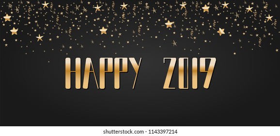 Happy New Year 2019 lettering. Bright and festive greeting card, golden confetti. 