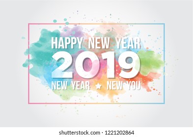 Happy New Year 2019 lettering with color brush on a white background. Happy New Year card design. Vector illustration EPS 10 file.