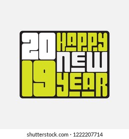 Happy New Year 2019 lettering logo illustration with color ornament on a white background. Happy New Year card design. Vector illustration EPS 10 file.