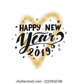 Happy New Year 2019 lettering. Christmas calligraphy. Holiday greeting card. Gold glitter heart on white background. Vector eps 10.