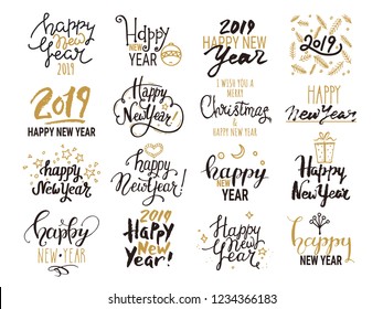 Happy New Year 2019 lettering. Isolated vector set. Handwritten new year emblem, text design, golden festive symbols for congratulation card, party invitation, banner, poster, flyer templates. 