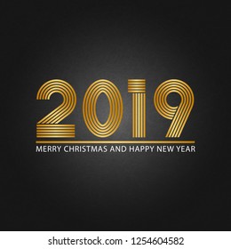 Happy New Year 2019 lettering and Merry Christmas shiny linear art golden text black background. Winter holiday party invitation, greeting card, calendar cover, banner, poster or flyer design element
