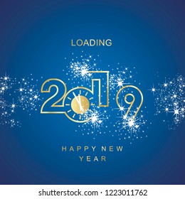 Happy New Year 2019 line design loading golden clock spark firework blue vector logo icon