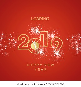 Happy New Year 2019 line design loading golden clock spark firework red vector logo icon