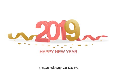 Happy New Year 2019. Living coral and Golden 3D numbers with ribbons and confetti on a white background.