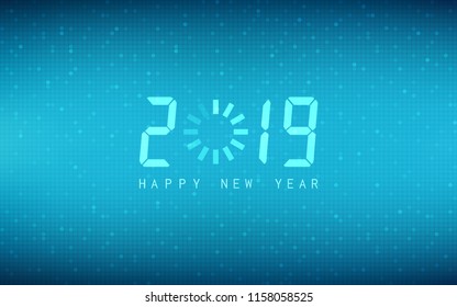 Happy new year 2019 with loading icon on abstract technology and blue color background