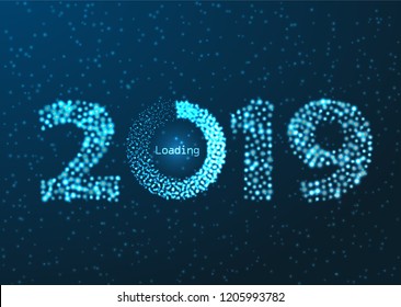 Happy new year 2019 with loading icon on abstract technology and blue color background
