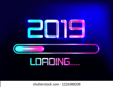 Happy new year 2019 with loading icon blue neon style. Progress bar almost reaching new year's eve. Vector illustration with 2019 loading. Isolated or dark light blue background 