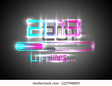 Happy new year 2019 with loading icon blue neon style. Progress bar almost reaching new year's eve. Vector illustration with 2019 loading. Isolated or dark light grey background