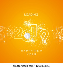 Happy New Year 2019 loading silver clock sparkle firework orange yellow vector background