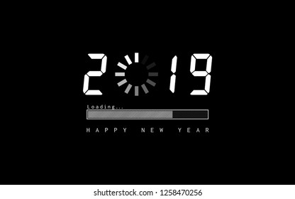 Happy new year 2019 with loading icon and bar on black color background