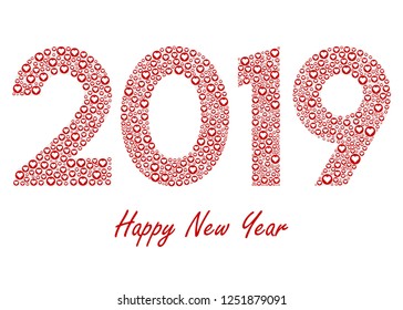 Happy New Year 2019 with love - 2019 New Year with love red heart icons- illustration - Vector EPS