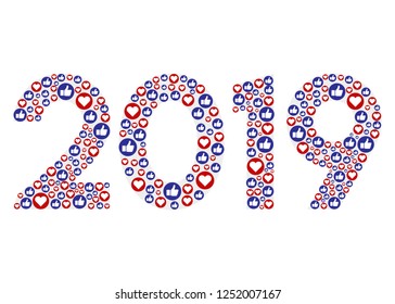 Happy New Year 2019 with love and like social icons - illustration - Vector EPS