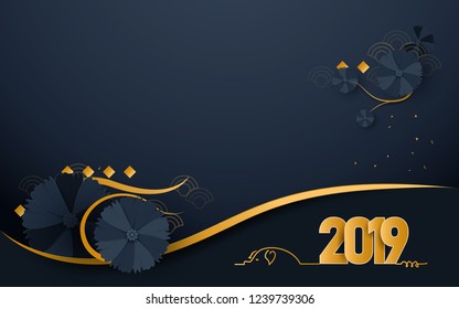 Happy new year 2019. Luxury gold and dark blue with Oriental Blooming Flowers paper cut art and craft style background