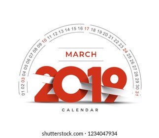 Happy new year 2019 March Calendar - New Year Holiday design elements for holiday cards, calendar banner poster for decorations, Vector Illustration Background.