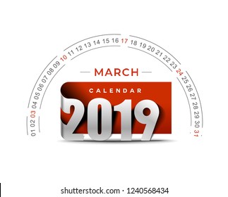 Happy new year 2019 March Calendar - New Year Holiday design elements for holiday cards, calendar banner poster for decorations, Vector Illustration Background.